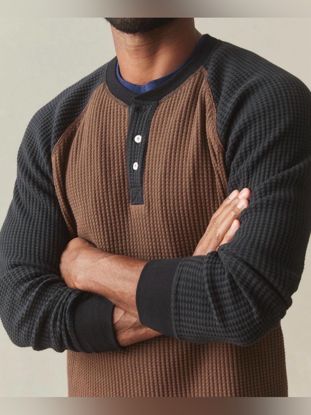 New American Giant Men’s Colorblock Waffle Henley M Black Brown NWOT